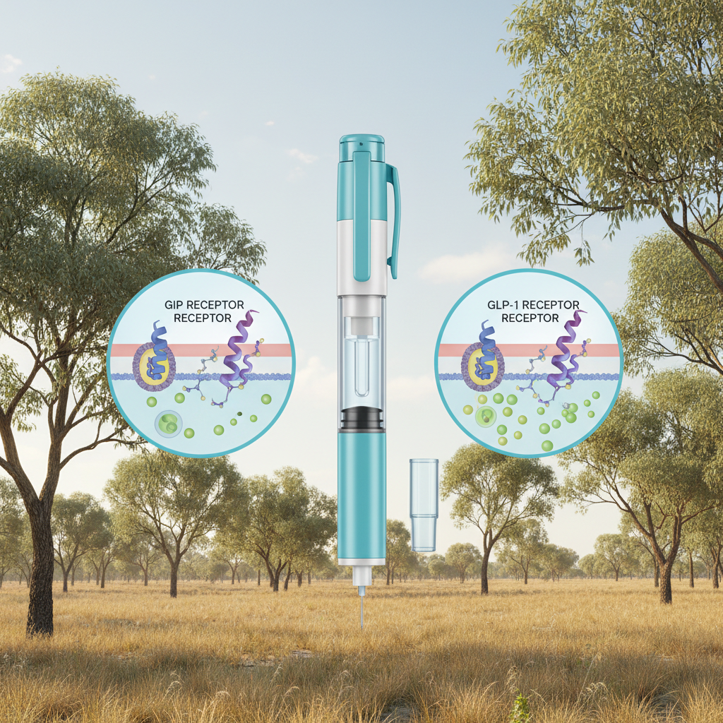 Illustration of Mounjaro KwikPen injection device with scientific diagrams of GIP and GLP-1 receptors on a cellular level, showing how tirzepatide interacts with them. Background is a subtle Australian landscape.