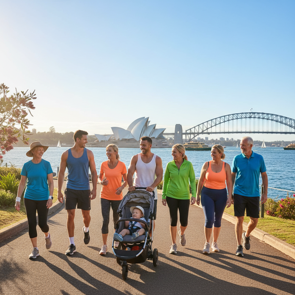 A diverse group of happy, active Australians (various ages, genders, and body types) enjoying an outdoor activity like walking by Sydney Harbour or a beach, depicting healthy lifestyle and successful weight management. Bright, energetic feel.