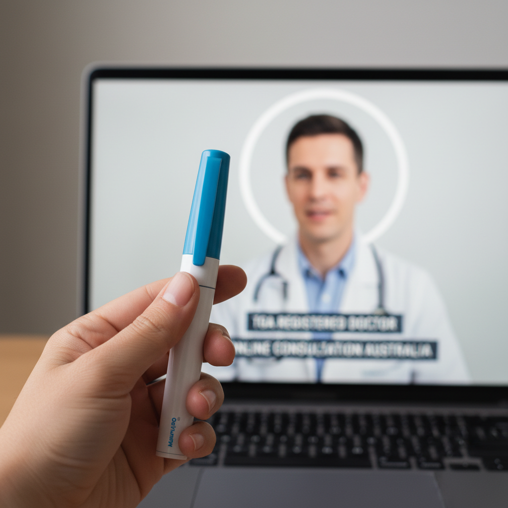 A close-up of a Mounjaro KwikPen being held by a patient, with a blurred background of a telehealth consultation on a laptop screen. Emphasises safe, convenient access to medication in Australia.