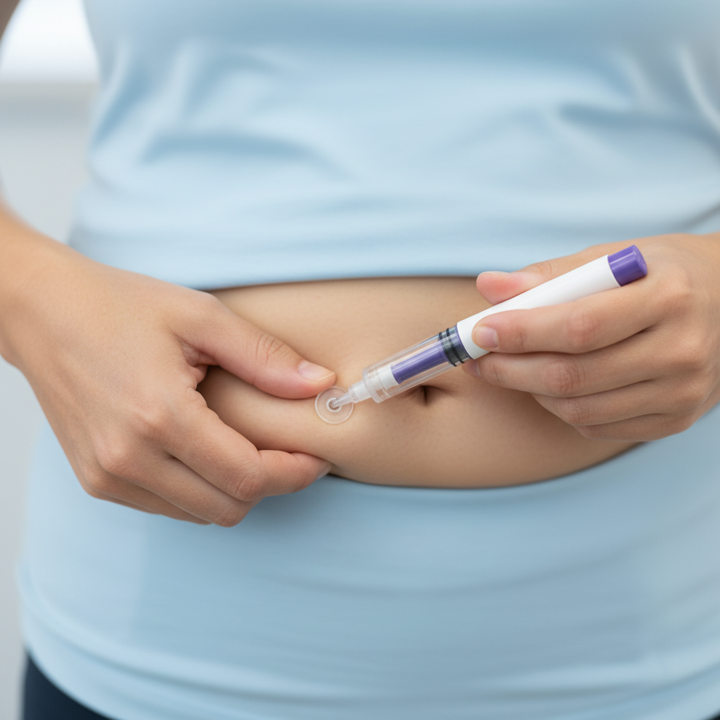 A close-up of a Mounjaro KwikPen being held by a patient, with a focus on the injection site on the abdomen, demonstrating proper self-administration technique.