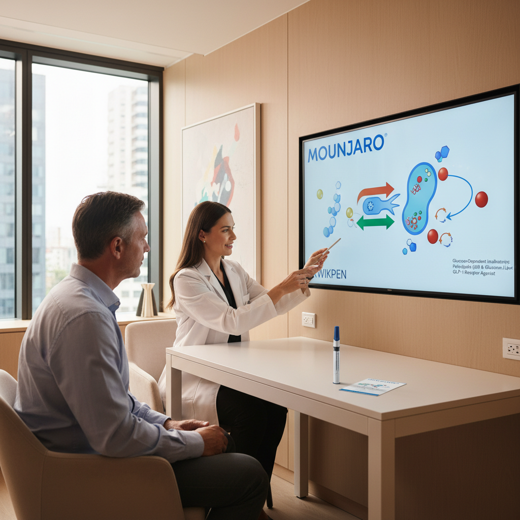A professional Australian doctor explaining the benefits of Mounjaro to a patient in a modern clinic setting, with medical charts visible in the background.