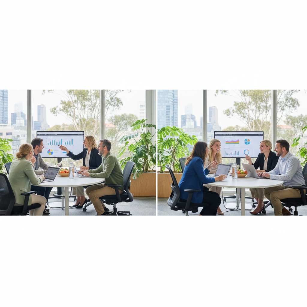 A diverse group of Australian professionals in a modern office setting, looking focused and energetic, subtly depicting the positive impact of improved health on workplace productivity.