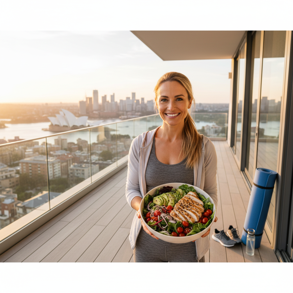 Woman tracking her weight loss progress with Mounjaro, showing a healthy meal and exercise gear