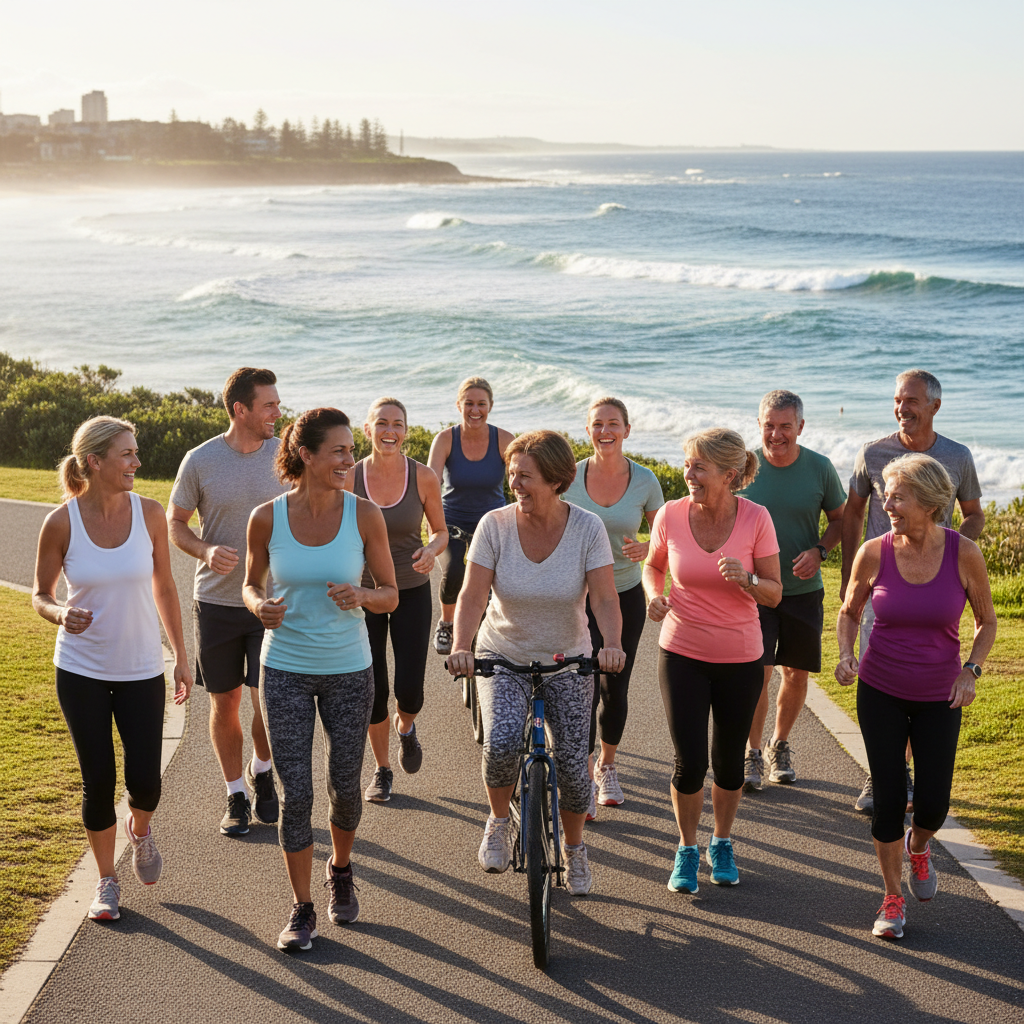 Diverse group of Australians engaging in healthy lifestyle activities outdoors