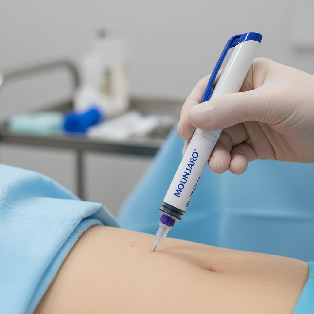 Close-up of a Mounjaro KwikPen injection into the abdomen, showing correct technique with a small, barely visible drop of medication at the injection site, highlighting precision and minimal leakage. The hand is gloved, and the background is a blurred medical setting.