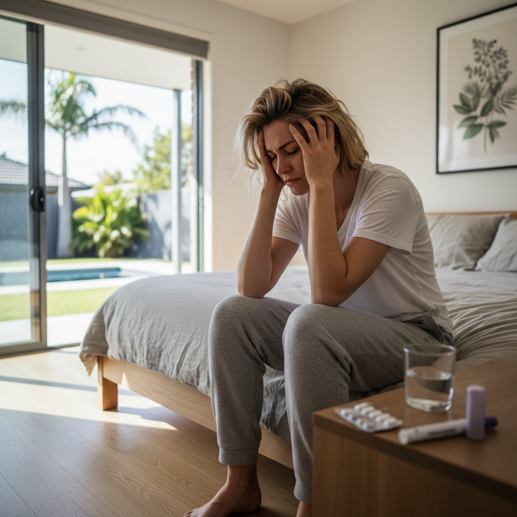 Australian woman experiencing a severe hangover, holding her head, with a Mounjaro KwikPen subtly visible on a bedside table in a blurred background. The scene is set in a modern, clean Australian home.