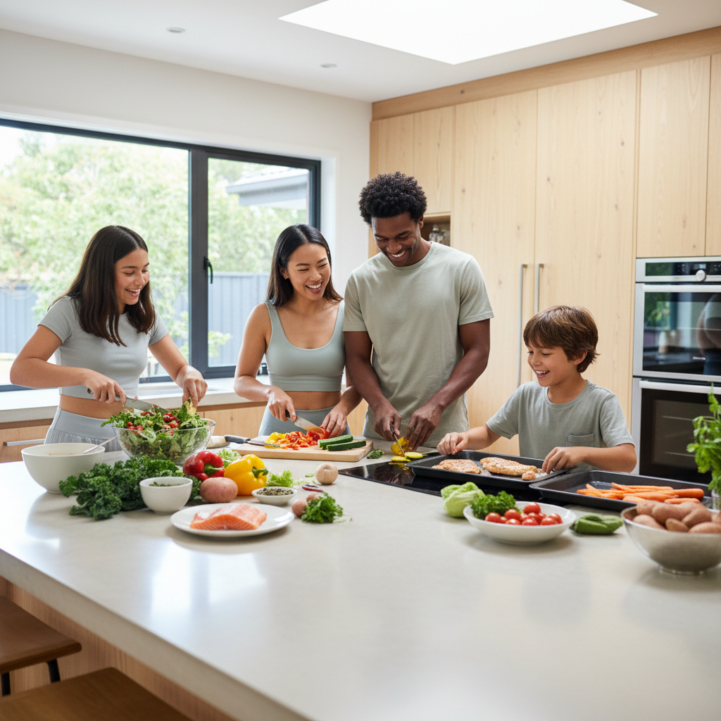 Healthy Australian family preparing a nutritious meal together